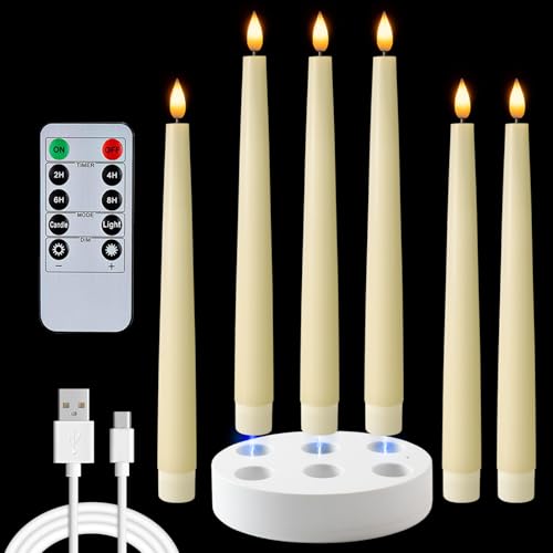 Homemory Rechargeable 9.6 Inches Flameless Taper Candles Real Waxy LED Candlesticks Flickering 6 Pcs Battery Operated Candles with Remote and Timer for Home Wedding Christmas Decor Ivory