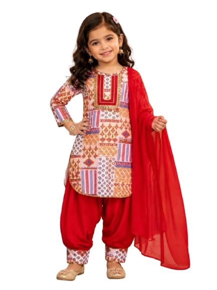 Girls Ethnic Salwar Suit Set with Dupatta, Multicolour Print