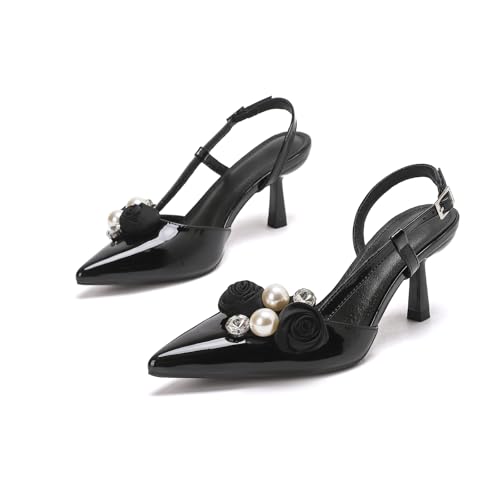 Jeesay Women's Kitten Heels Slingback Pumps Pointed Toe Pearl Flower Buckle Strap High Stiletto Heels Sandals Wedding Dress Shoes (US7 Black) by Jeesay - Used condition - US$27.22