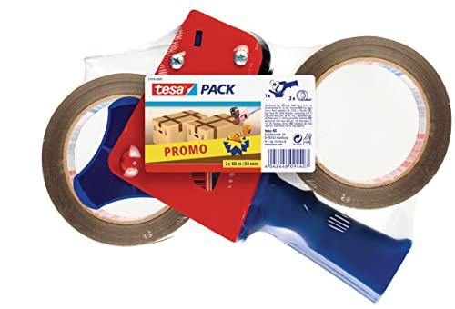 tesa Dispensador de Cintas de Embalaje y tesapack Fuerte en Set, 2 Cintas de Alta Calidad para Embalajes con 1 Dispensador, Marrón, 66 m x 50 mm