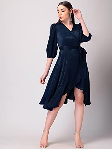 Image of FabAlley Women's Navy Satin Wrap Midi Dress with Self Fabric Belt