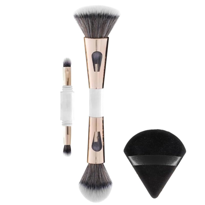 4 in 1 Makeup Brush with Triangle Puff | Feathery Soft Bristles Makeup Brush for Women | Reusable Beauty Blender Face Sponge Puff | Foundation, Powder, Eyeshadow Blending Brush
