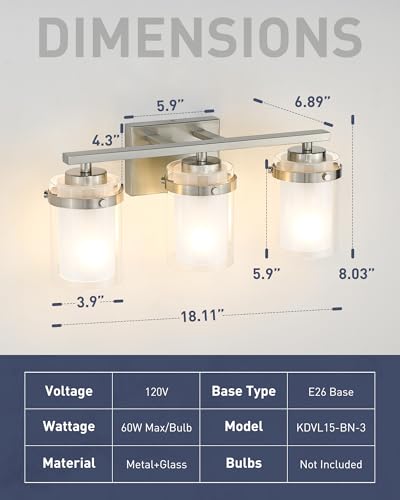 Image of kudos 3-Light 18-inch Bathroom Light Fixtures Over Mirror, Brushed Nickel Vanity Lights with Dual Glass Shade, Wall Sconce, Modern Vanity Lights for Bathroom, Hallway, KDVL15-BN-3