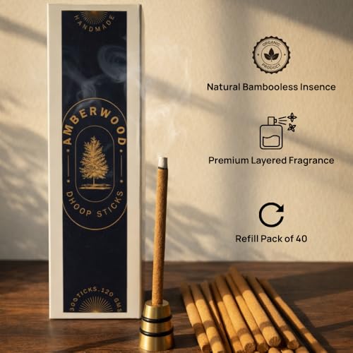 Image of Dhoop Sticks | Refill Pack of 40 Bamboo-Free Compressed Incense for Home & Meditation | Pooja & Rituals (Amberwood) Stand not Included