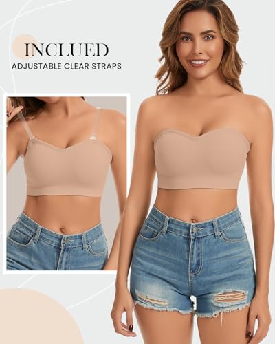 Image of WOWENY Strapless Bras for Women Bandeau Bra Wireless Non-Slip Silicone Seamless Padded Tube Top Bra