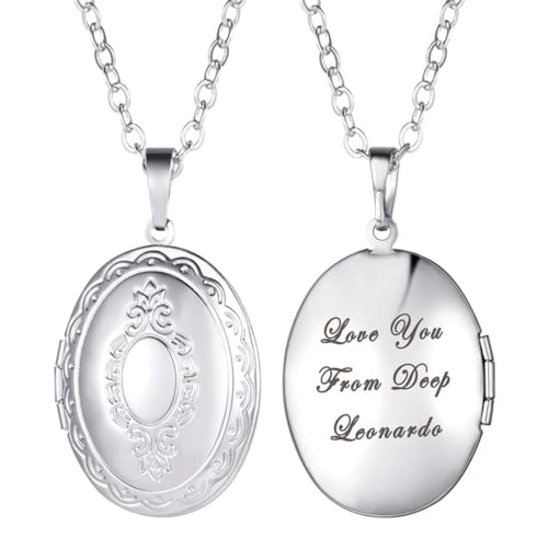 U7 Custom Photo Locket Necklace - Oval & Heart Shaped Locket - Gold/Silver/Rose Gold Personalized Image Necklaces for Women 01-Oval Platinum b. locket