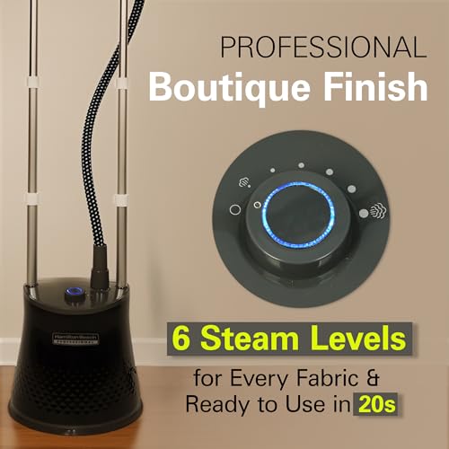 Image of Hamilton Beach Garment Steamer with Stand & Ironing Board, Garment Steamer for Clothes, 45g /min Steam Output, 20s Heat-Up, 6 Steam Levels, Standing Iron Steamer for Clothes with Press Stand (Black)