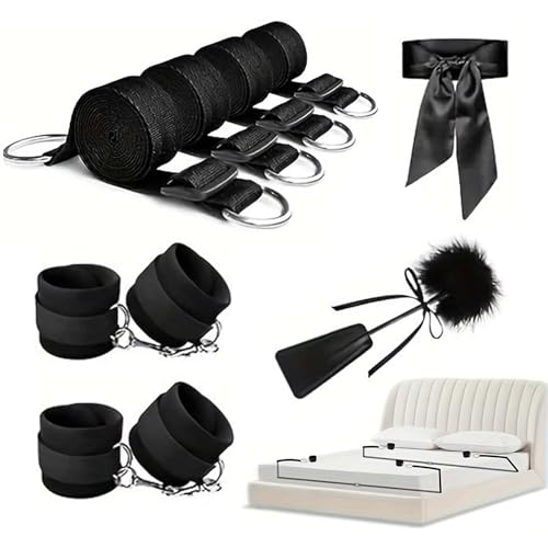 Bondage-Set Bett Fesseln für Paare - Fessel Set mit Bettfesseln & Handschellen & Augenbinde & Federkitzler - 8 Stück Bondageset für Extremer Anfänger & Erfahrene Paar - Bettfesseln für Frauen & Männer