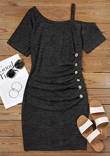 Button Ruched One Sided Cold Shoulder Mini Dress For Women Sexy Bodycon Tshirt Dresses Casual Cocktail Party Short Dress(Dark Grey,Large) #TOP1