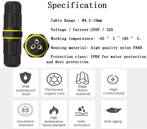 3 Pole Wire Connector Waterproof IP68 External Electrical Junction Box,M20 2way 3pin for Cable Ø0.18-0.4in for Outdoor Underground Cable, LED Street Landscape Lights,CE Certified 2Pack