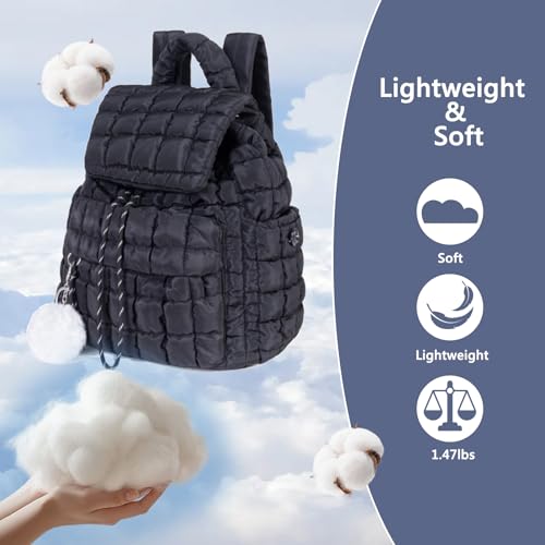 Quilted Puffer Backpack for Women: Large Lightweight Soft Purse Backpacks for Travel Daypack Hiking Gym Sports School College - Cute Trendy Luxury Drawstring Laptop Backpack (Black)3