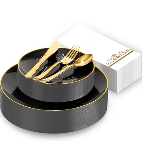 150 Pcs Black Plastic Dinnerware Set, Disposable Plates for 25 Guests
