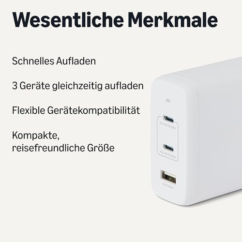Amazon Basics USB-C-Wandladegerät mit Nano-GaN-Technologie und Schnellladefunktion, 120W, 3 Anschlüsse für Laptops, Tablets, Telefone, Weiß – Ansicht 2