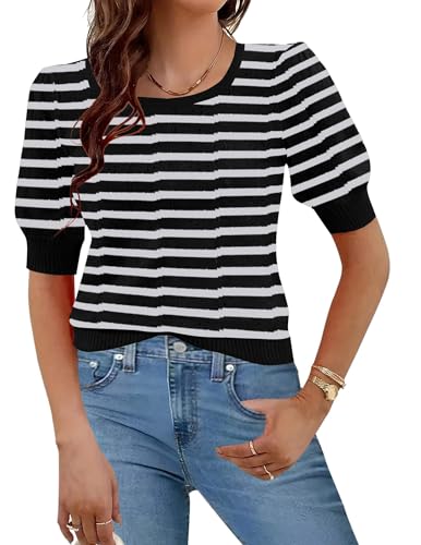 Image of HOTOUCH Sweater for Women 2026 Fall Trendy Puff Tops Casual Eyelet Knit Square Neck Tunic Shirt Blouses Black White Stripe XXL