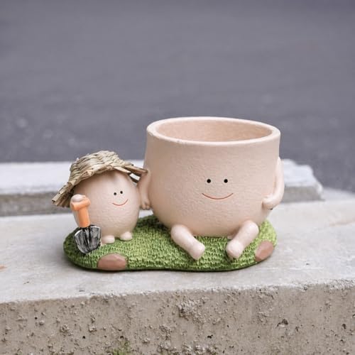 Image of Cute Smile Face Planter Pot with Drainage Hole, Resin Head Flower Pot for Succulents, String of Pearls, Indoor Outdoor Plants, Funny Cartoon Plant Holder for Home Garden