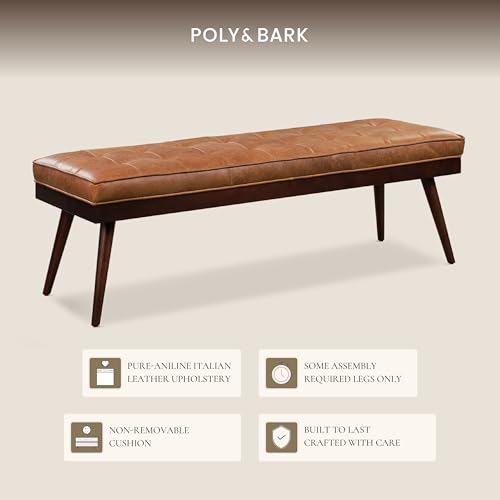 Image of Poly & BARK 55 inch Tufted Leather Bed Bench for Bedroom End of Bed - Living Room Entry Way Bench - Pure Italian Leather Upholstery with a Solid Wood Frame - Ottoman Bench with Wooden Legs - Cognac Tan