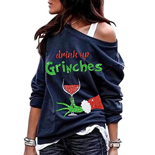 lzndeal Sudadera navideña de manga larga con un solo hombro Sudadera holgada con estampado de letras y cuello redondo para mujer Sudadera con capucha informal de manga larga con cuello redondo para mu