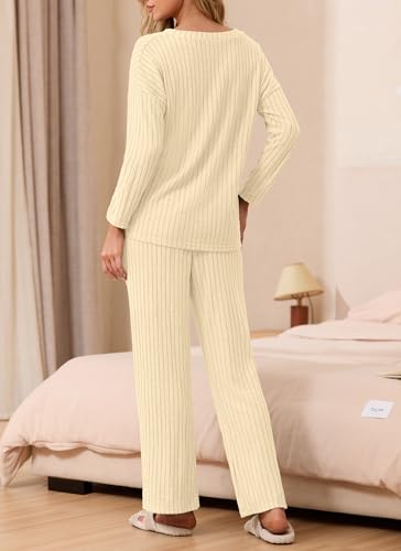 Pyjama 2 pièces femme en maille côtelée extensible ensemble homewear beige taille S - 2