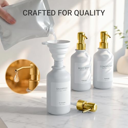 Modern Shampoo and Conditioner Dispenser Set of 3, 17oz Refillable Shower Soap Bottles with Stainless Steel Pumps & Waterproof Labels for Shampoo, Conditioner & Body Wash, Boutique Bathroom Decor - image 3