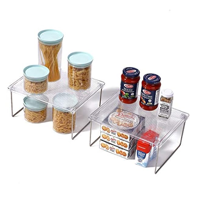 Pantry Organizer, Cabinet Storage Shelf Rack, Stackable Kitchen Cabinet, Foldable Countertop Shelf Organizer, 2 Pack