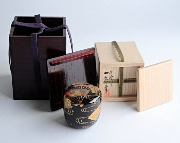 茶道具黒漆金蒔絵扇文撫子文棗一双時代箱付CR6051