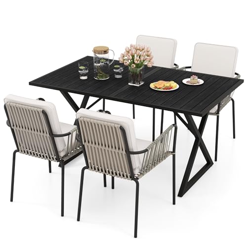 YITAHOME 5 Piece Patio Dining Set Outdoor Furniture Stackable All-Weather Comfortable Rope and Rattan Chairs Metal Frame with Faux Wood Tabletop for Courtyard Backyard Poolside Balcony, Black & Grey
