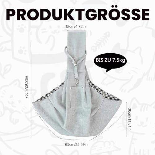 LINTRA Grau Hunde Umhängetasche, Polyester Hundetragetuch, Maximales Traggewicht 7,5 kg, Hunde Tragetuch, Bauchtragetasche Hund, für Spaziergänge und Outdoor Aktivitäten