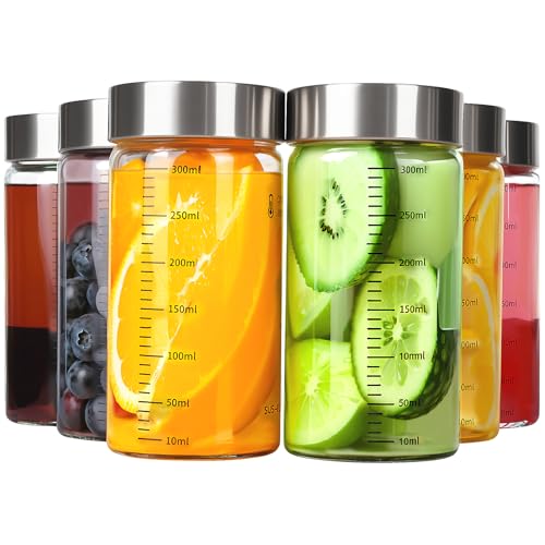 1ZIZIFA8 12 oz Glass Juice Bottles, 350ml Wide Mouth Water Bottles with Scales and Stainless Steel Lids, BPA Free(Set of 6)