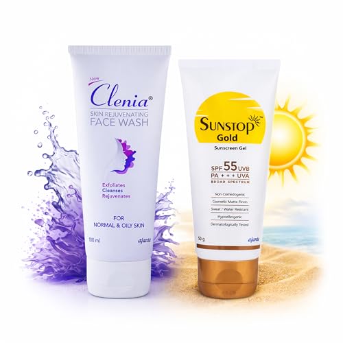 Image of Clenia Rejuvenating Wash (100g) & Sunstop Gold SPF 55 Sunscreen Gel (50g) - Matte Finish Sweat-Resistant Sunblock for Outdoor Use