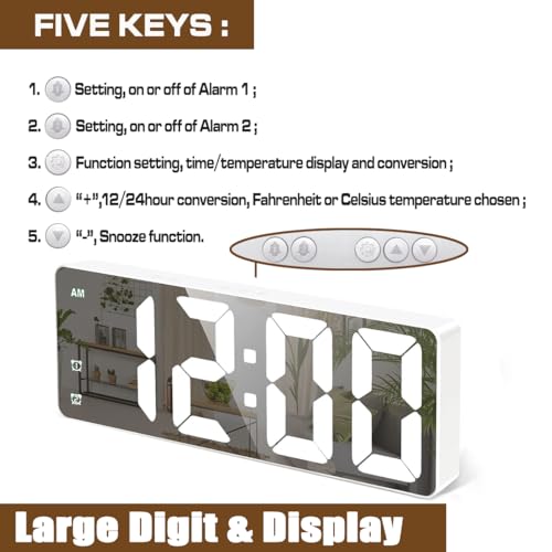 Image of Small Digital Alarm Clock, Mirror Surface LED Electronic Clocks with Large Display, Adjustable Brightness and Snooze Model for Bedroom, Desk, Office, White Digit