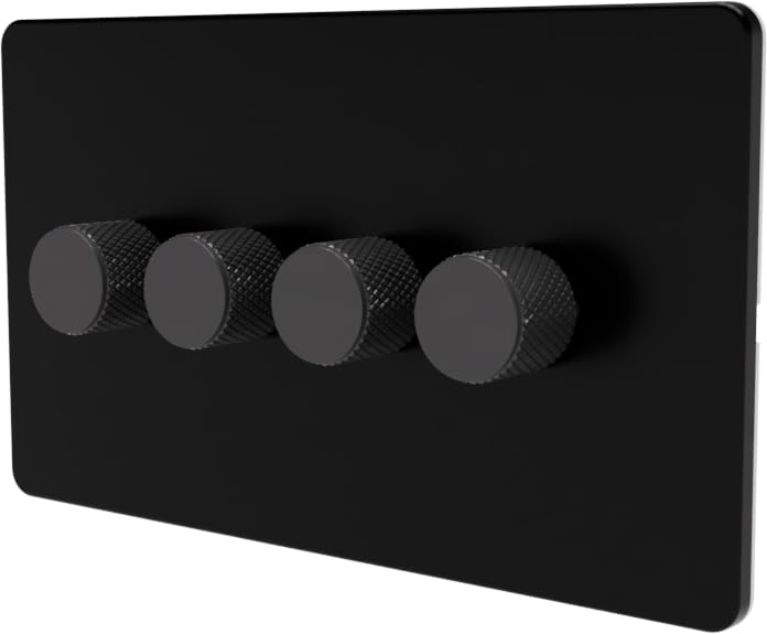 SAMOTECH Smart Matter Dimmer Switch Push On/Off-Rotary control for LED and Halogen Lights - Plastic Faceplate & Metallic Knob - Black/Grey 4-Gang