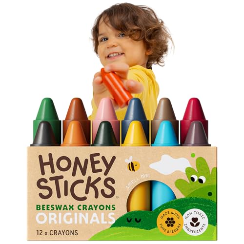 Honeysticks 100% Pure Beeswax Crayons (12 Pack) - Non Toxic Crayons for Toddlers 1-3, Safe for Baby from 1 Year Old Plus, Handmade with Natural Beeswax and Food-Grade Colors, Eco Friendly