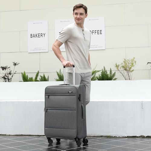 Kono 28 Inch Softside Expandable Checked Luggage with 8 Spinner Wheels TSA Lock Softshell Lightweight Business Travel Suitcase for Men and Women, Grey2