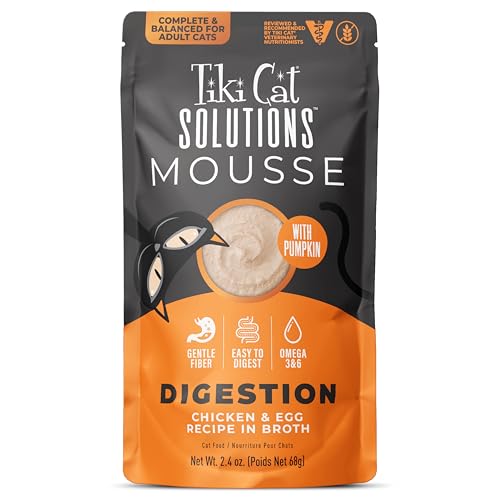 Tiki Cat Solutions Digestion Mousse, Chicken & Egg Recipe in Broth, Formulated to Support Healthy Digestion, Functional Wet Cat Food, 2.4 oz. Pouch (12 Count)