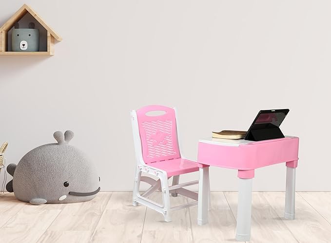 KITCHIVO™ Kids Functional Desk Chair Set 3-12years Boys Girls/Kids Study Table with Height Adjustable/Study Table with Bookholder (Pink & White) 4