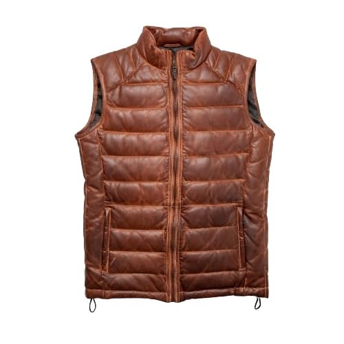 Men's Distressed Leather Puffer Waistcoat - Brown Padded Lambskin Vest