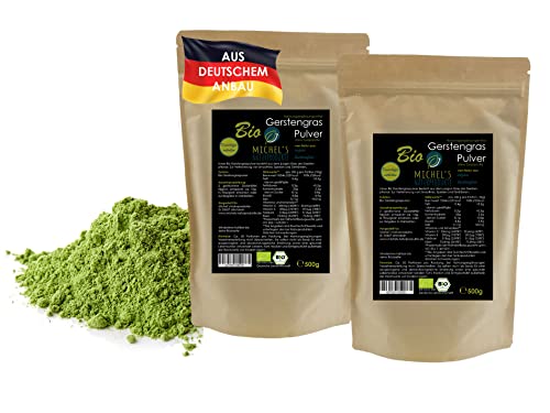 Michels Naturprodukte - BIO Gerstengras Pulver aus deutschem Anbau 1Kg (2x500g) Fein Gemahlenes Pulver aus jungem Gerstengras Ohne Zusatzstoffe - Vegan Superfood