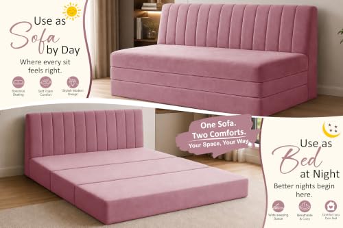 Image of 3-Seater Velvet Sofa Cum Bed | Convertible Sleeper Sofa | Modern Foldable Couch for Living Room, Bedroom & Office | Rose Pink