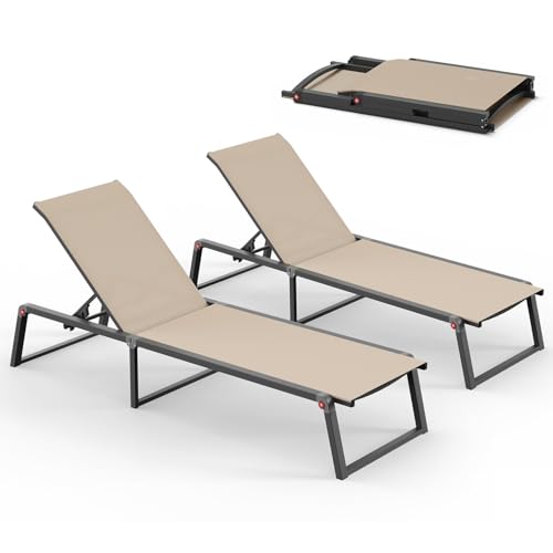 Oasbira Aluminum Chaise Lounge Outdoor Set of 2, Foldable & No Assembly Patio Pool Lounge Chairs 5-Position Recliner for Outside Poolside, Fully Grounded Legs Sun Lounger for Pool, Beach, Yard, Khaki