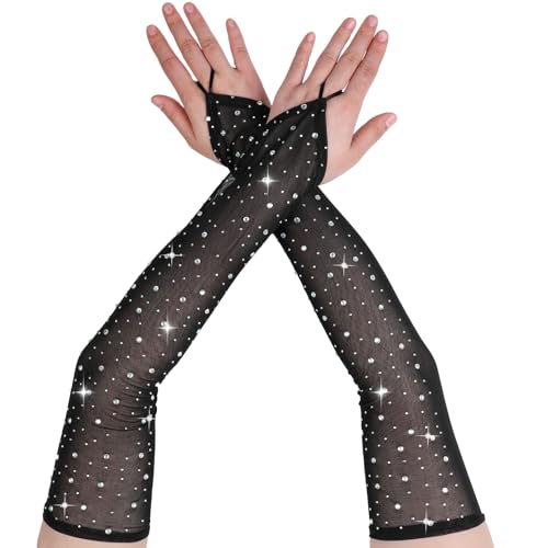 Fingerless Rhinestone Long Gloves, Sparkly Rhinestone Long Mesh Gloves Elbow Length Longs Tulle Mesh Glove