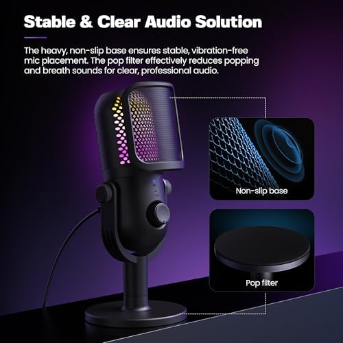 USB Microphone for PC Gaming: Condenser Microphone RGB for Gamer with Stand Mic - Recording Mic for Computer&Laptop with Qiuck Mute - Desk Podcast Mic for Podcast & Singing & Streaming & Youtube Black - View 8