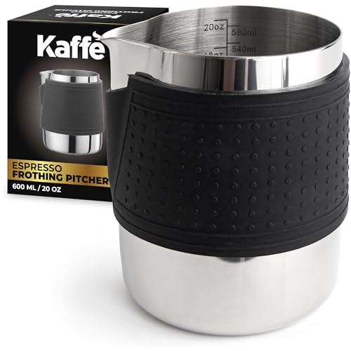 Kaffe Milk Frothing Pitcher (20oz / 600ml) - Stainless Steel, Anti-Burn Silicone Sleeve, Dripless Spout - Metal Milk Pitcher for Frothing & Steaming - Milk Frother Cup for Latte Art & Espresso Machine