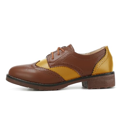 Fashion Women Oxford Shoes Block Heel Lace Up Derby Casual Brogue Shoes Brown Sneaker (Yellow