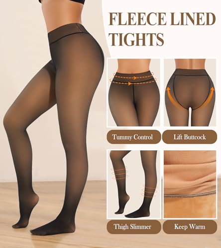 Image of Fleece Lined Tights for Women, Thermal Tights, High Waist Tummy Control Fake Translucent Pantyhose, Fake Translucent Black, Medium