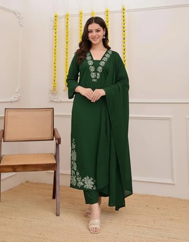 Image of ANNI Designer Pure Cotton Embroidered Kurta Set for Women | Rust Orange Kurta with Pants & Dupatta | Floral Neck & Hem Embroidery | Cotton Kurta Set for Women | 10 Colour Options Available