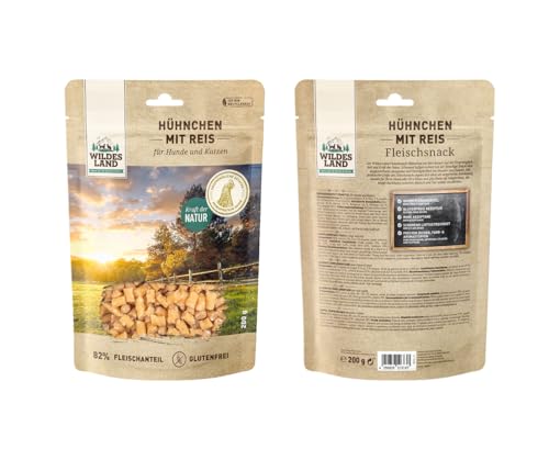 Wildes Land - Hundesnack - Hühnchen mit Reis 2x200g – Fleischsnack für Hunde & Katzen – Monoprotein & glutenfrei – 82 % Huhn – schonend luftgetrocknet – ohne Zucker & Zusatzstoffe