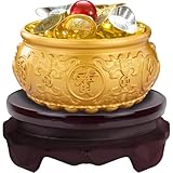 WAYUTO Brass Treasure Bowl Set with Base 5Pcs Copper Coins Citrine Lucky Ball 2Pcs Gold Ingots and 2Pcs Silver Ingots Chinese Feng Shui Decoration for Business Prosperity Fortune 3.94'
