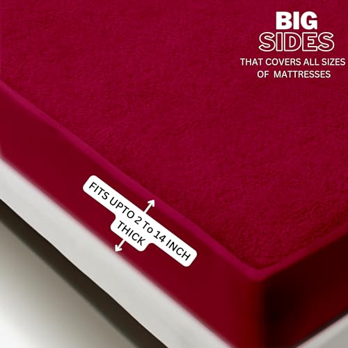Image of Maximus Premium Double Bed Waterproof Mattress Protector Cover | Breathable Terry Cotton Bed Protector, Double Bed (72 X 60, Maroon)