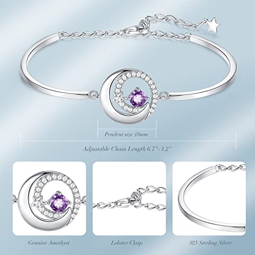 Fancime Genuine Amethyst February Birthstone Bracelets For Women Graduation Gifts 925 Sterling Silver Moon And Star Bangle Charm Bracelet Natural Purple Gemstone Jewelry Birthday For Mom Girls Her #TOP4