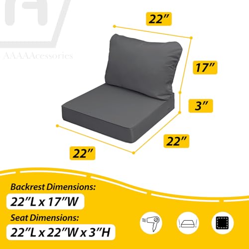Image of AAAAAcessories Outdoor Seat Cushions for Chairs, Fade-Resistant, Waterproof Patio Furniture Replacement Cushions, 22 inch x 22 inch x 3 inch + 22 inch x 17 inch, Set of 2, Dark Gray